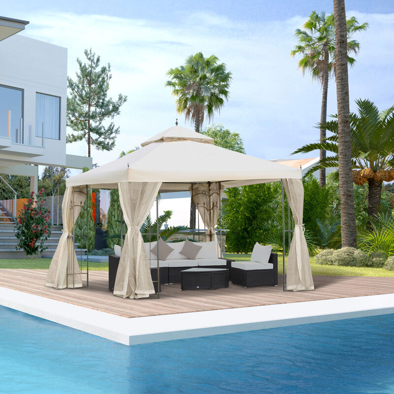 10' x 10' Steel Gazebo Outdoor Garden Canopy with Mesh Curtains, Cream White