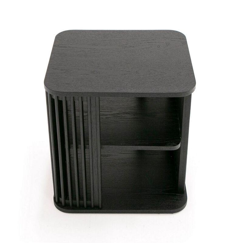 19 Inch Side End Table, 3 Shelves, Modern Vertical Slats, Black Ash Wood - Benzara