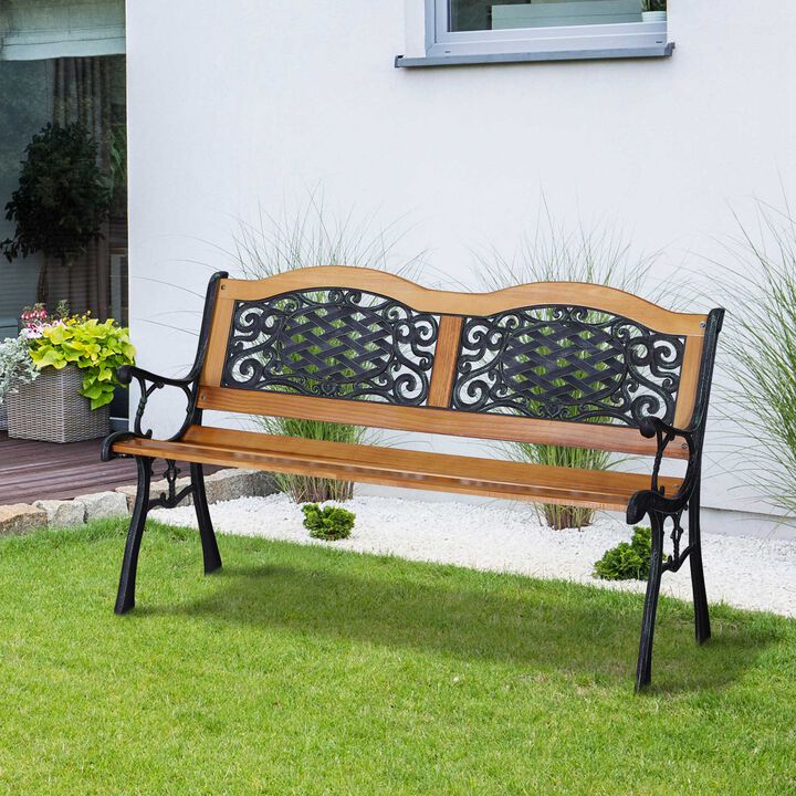 Rustic Outdoor Seating: 50" Teak Wood Slat Bench with Tilted Back