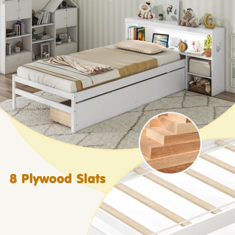 Hivvago Twin Size Bed Frame with LED Light and Bookcase Headboard