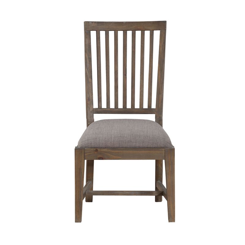 Wooden Chair with Fabric Upholstered Seat and Slat Style Back, Set of 2, Oak Brown and Gray - Benzara