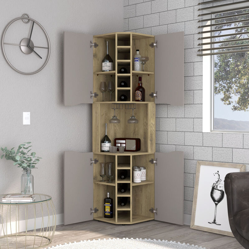 DEPOT E-SHOP Mecca Corner Bar Cabinet, Ten Built-in Wine Rack, Macadamia / Taupe