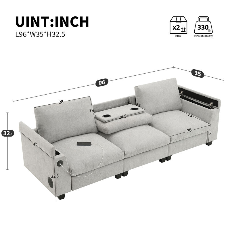 96*35''Chenille Sectional Sofa with Bluetooth Speaker,Comfy Cloud Couch Set with Drop Down Table,Cup Holders,USB Charger,Storage Armrest,Wide Seat Sofa for Living Room,Apartment,Office