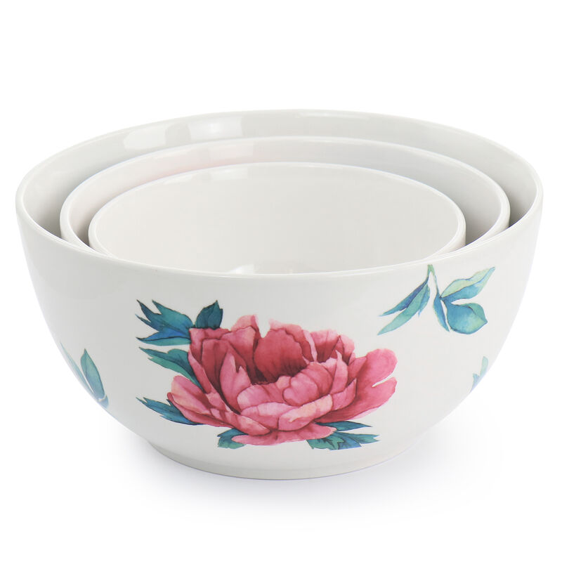 Martha Stewart 3 Piece Fine Ceramic Floral Bowl Set in White