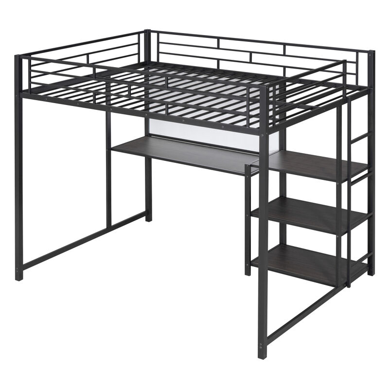 Full Size Loft Bed With Desk And Board, Metal Loft Bed With 3 Shelves And Ladder