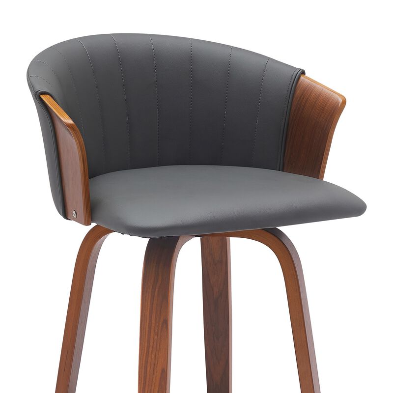 Oja 26 Inch Swivel Counter Stool Chair, Gray Faux Leather, Walnut Brown - Benzara
