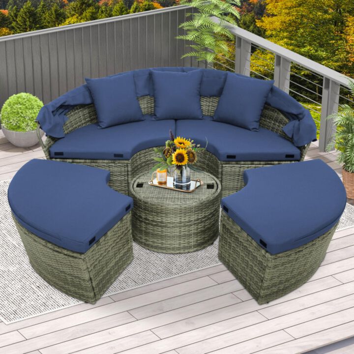 Hivvago Outdoor PE Wicker Round Daybed with Retractable Canopy and Cushions-Navy