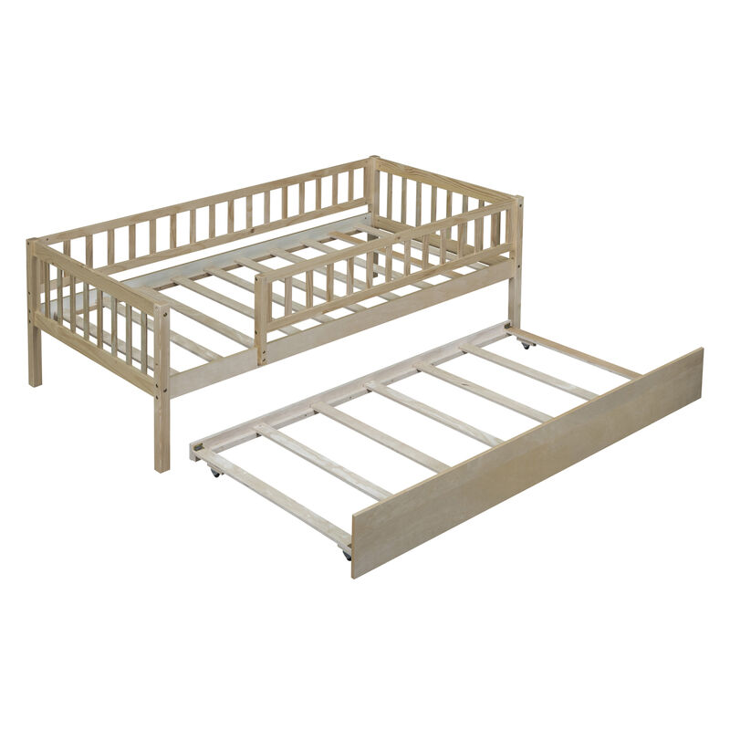 Twin Size Wood Daybed With Trundle And Fence Guardrails