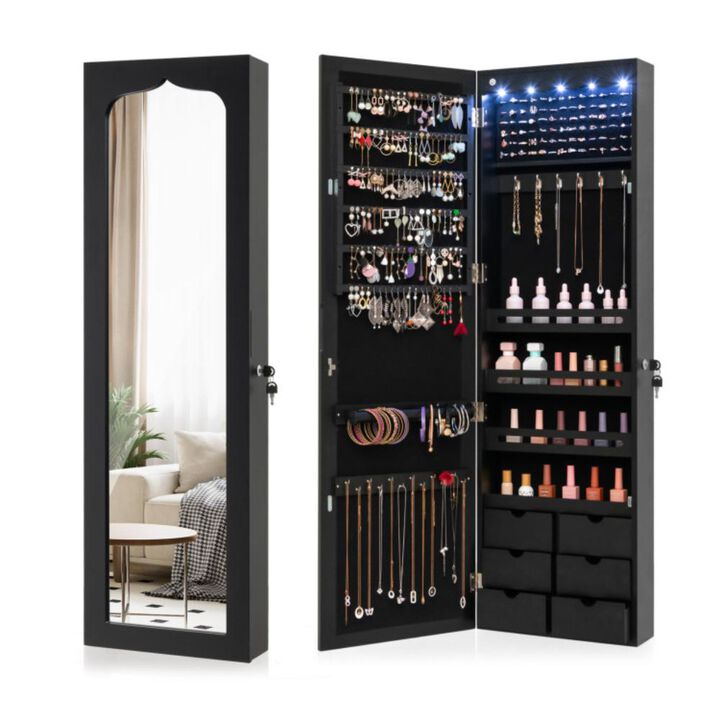 Hivvago Lockable Wall Mounted Mirror Jewelry Armoire with 5 LEDs and 6 Drawers