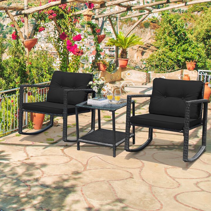 3 Pieces Cushioned Patio Rattan Set with Rocking Chair and Table