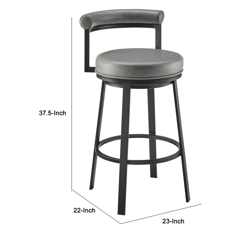 Elysha 30 Inch Swivel Bar Stool Chair, Round Cushion, Gray Faux Leather-Benzara
