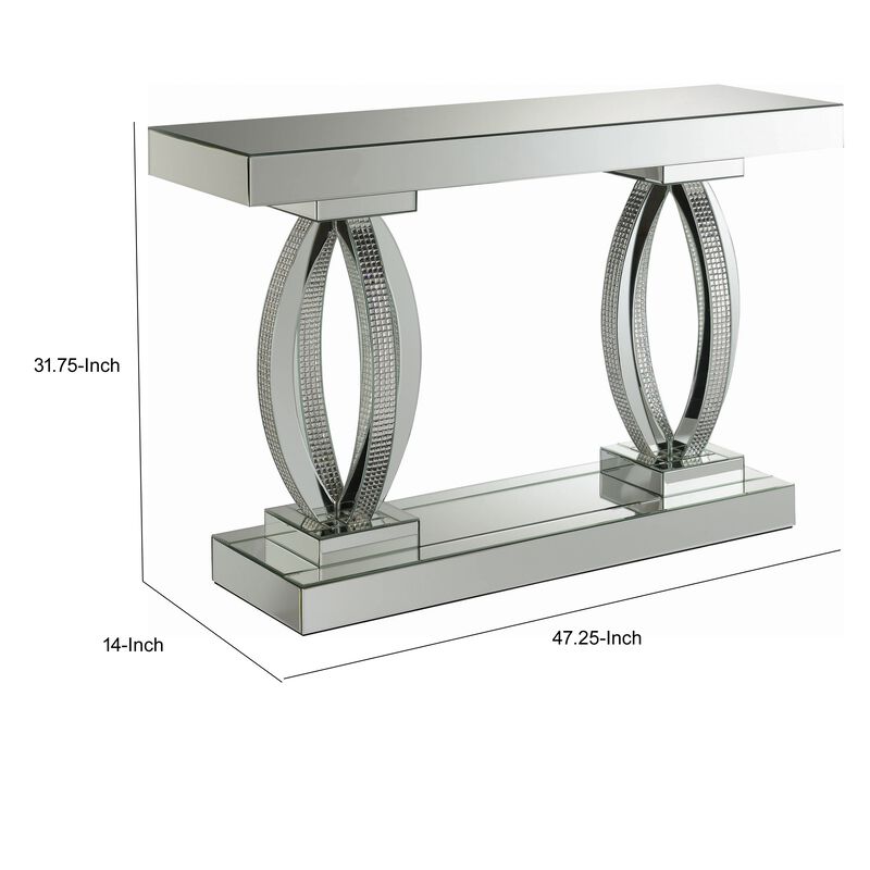 Mirrored Wooden Sofa Table with Curved Base and 1 Open Shelf, Silver-Benzara