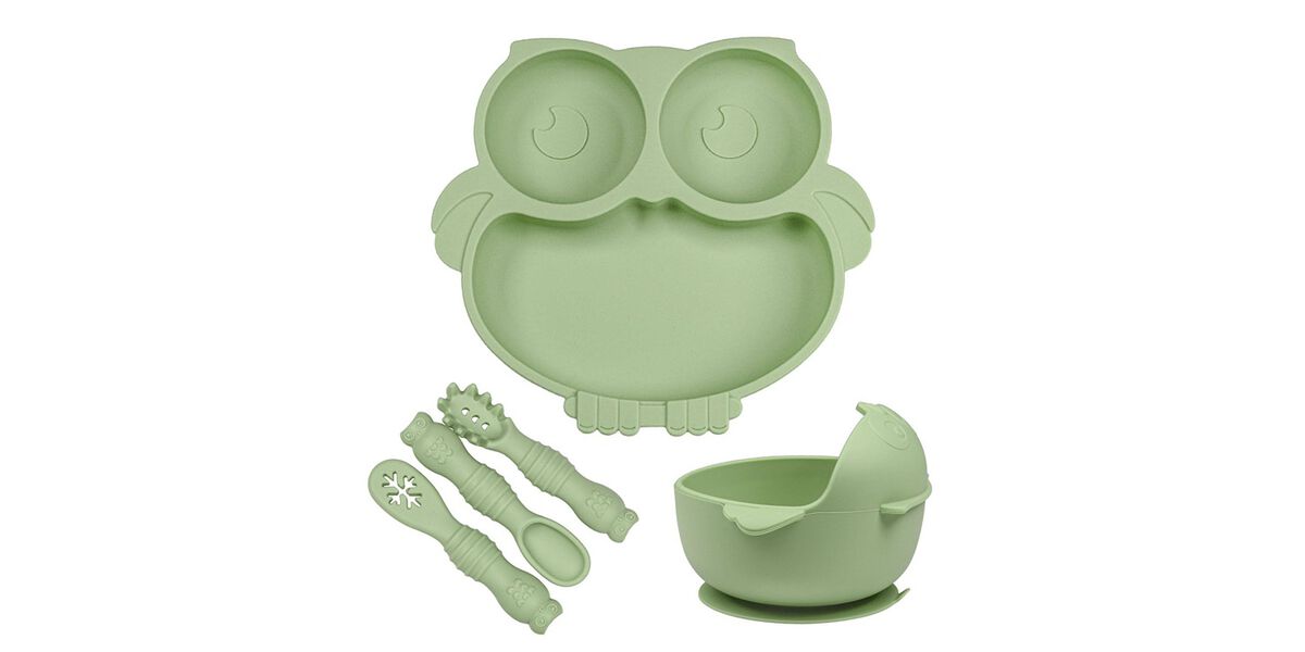 Owl-Shaped Silicone Baby Feeding Set – Suction Plate, Bowl & Spoons for Toddlers (Green).