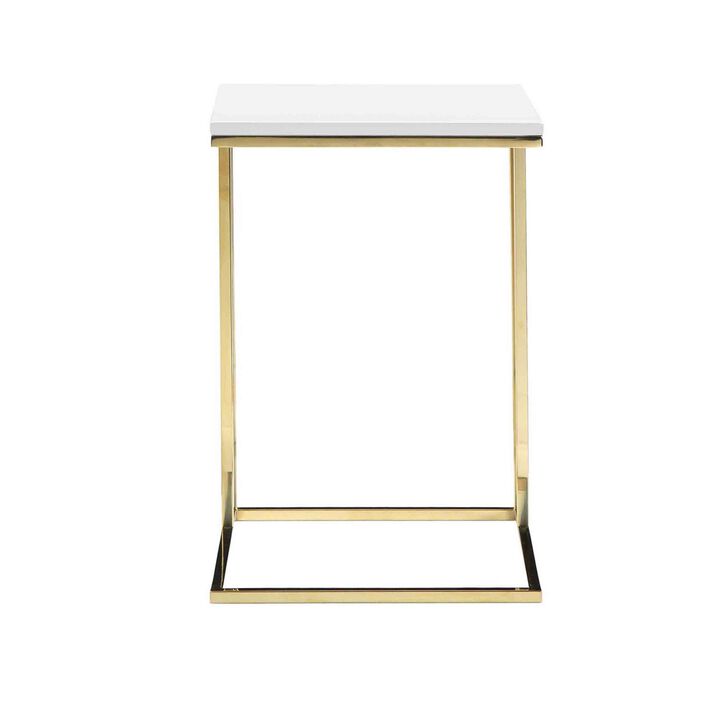 Zen 23 Inch Side End Tray Table, White Tray Top, Steel Base in Gold Finish - Benzara