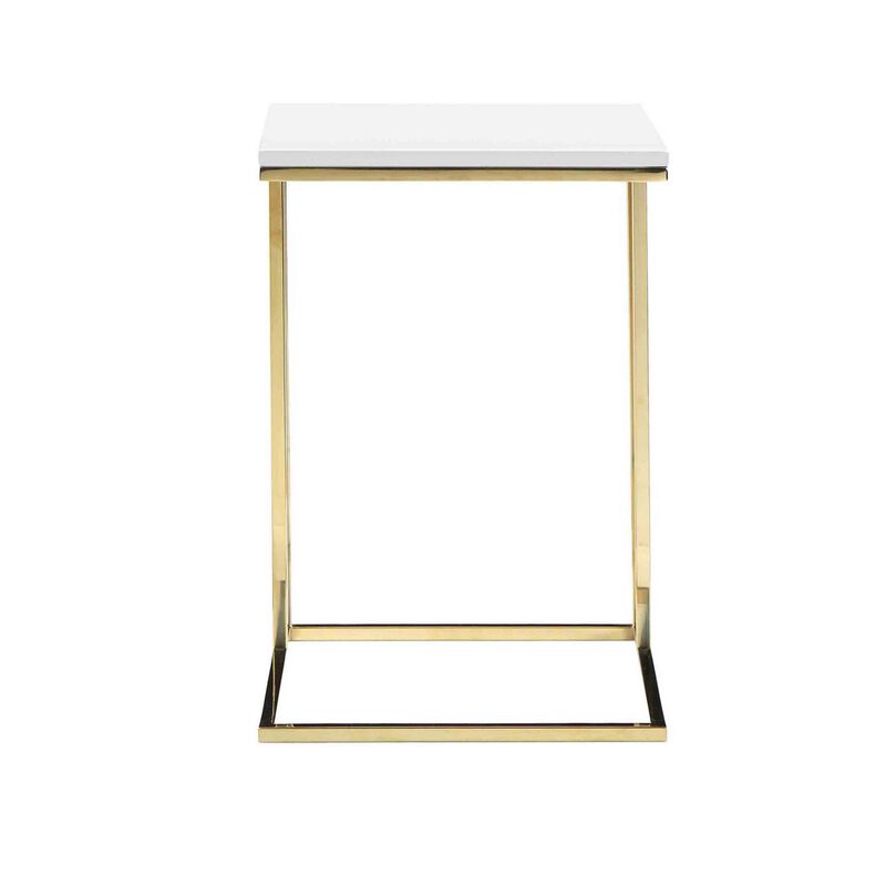 Zen 23 Inch Side End Tray Table, White Tray Top, Steel Base in Gold Finish - Benzara