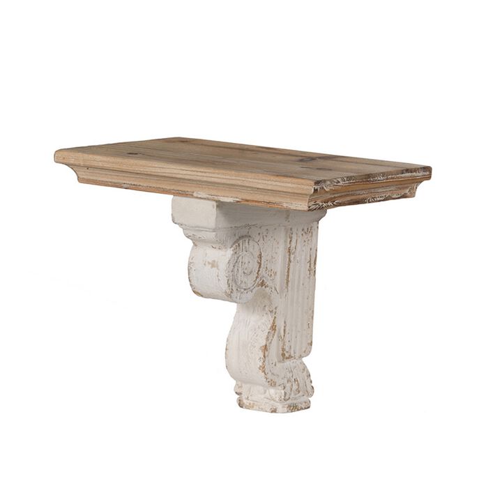 Rick 14 Inch Wall Shelf, Rectangular Brown Top, Fir Wood, Distressed White - Benzara