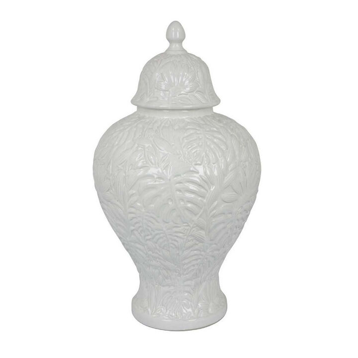 Deni 18 Inch Temple Jar, Embossed Design, Removable Lid, White Finish - Benzara