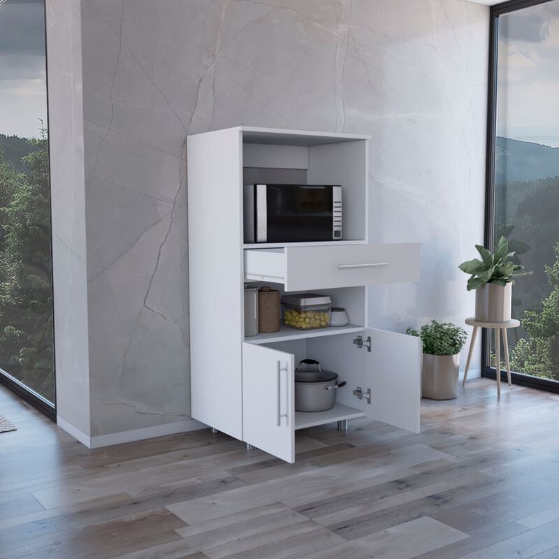 Worland Pantry Cabinet with Microwave Stand, Multi-Functional with Drawer and 2-Door-White