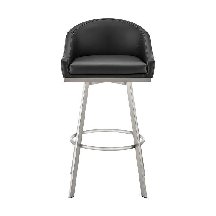 Dalza 30 Inch Swivel Barstool Chair, Open Back, Soft Black Faux Leather - Benzara