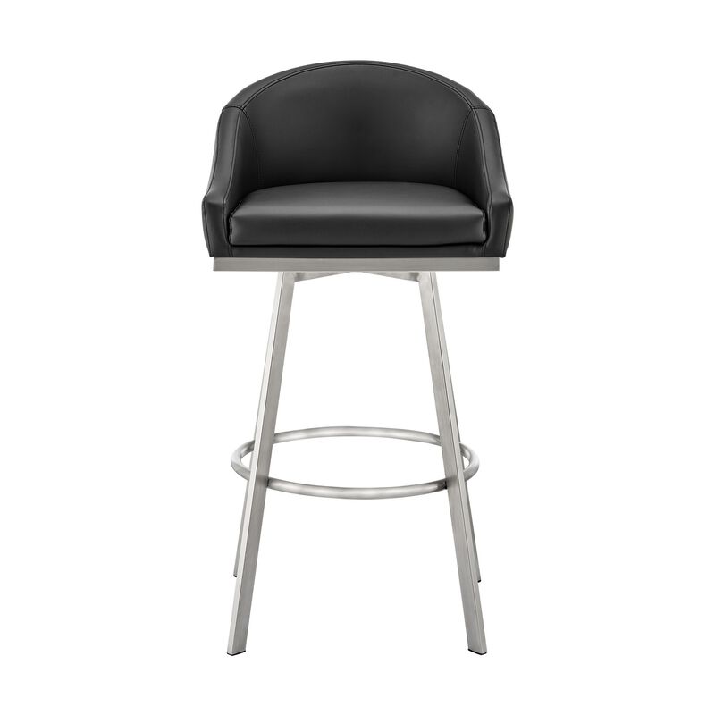 Dalza 30 Inch Swivel Barstool Chair, Open Back, Soft Black Faux Leather - Benzara