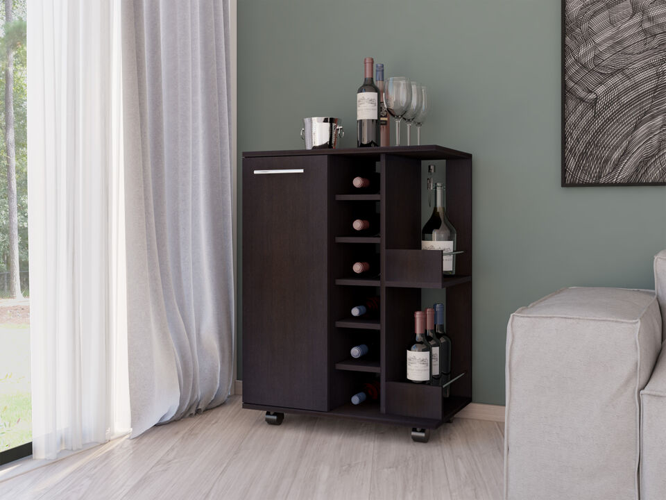 DEPOT E-SHOP Magda Bar Cart, Four Casters, Six Built-in Wine Rack, Single Door Cabinet, Two External Shelves, Black