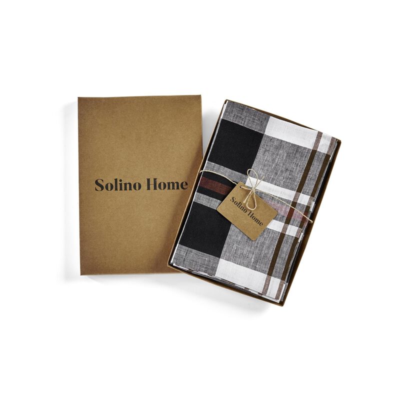 Solino Home 100% Pure Linen Cloth Napkins  20 x 20 Inch Set of 4 | Oxford Plaid Dinner Napkins