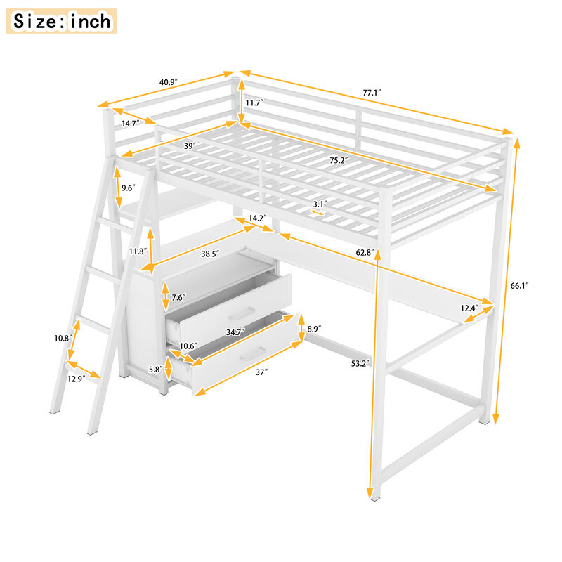 Merax Metal&Wood Loft Bed with Desk and Shelves