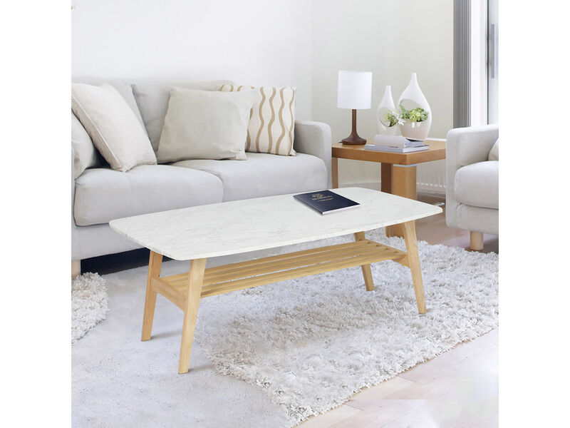 Laura 43" Rectangular Italian Carrara White Marble Coffee Table with Shelf