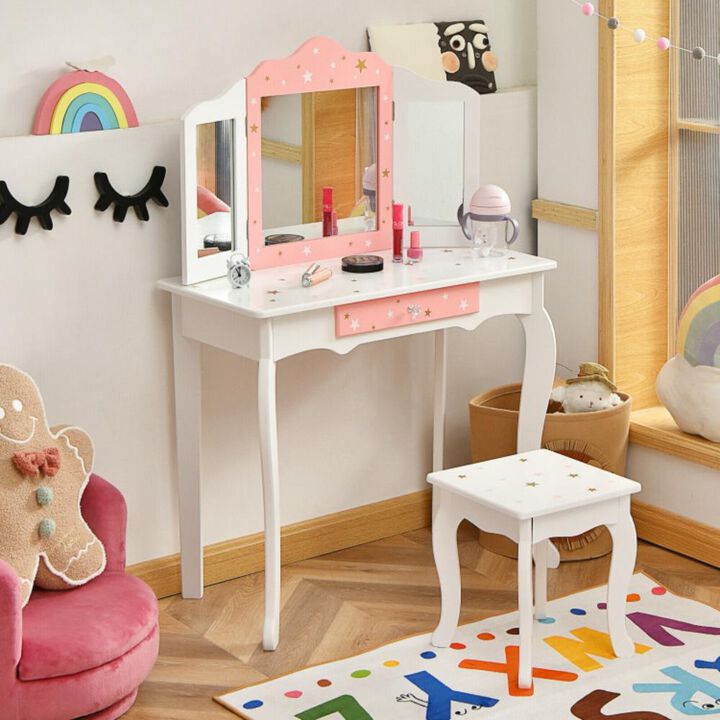 Hivvago Kids Princess Vanity Table and Stool Set with Tri-folding Mirror and Drawer