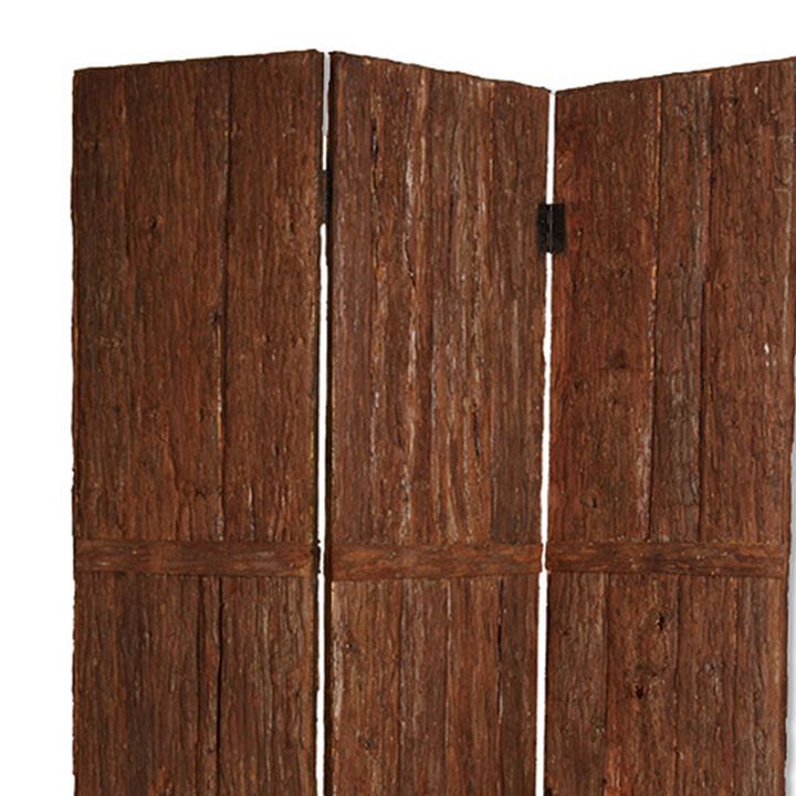 Wooden Foldable 3 Panel Room Divider with Plank Style, Small, Brown-Benzara