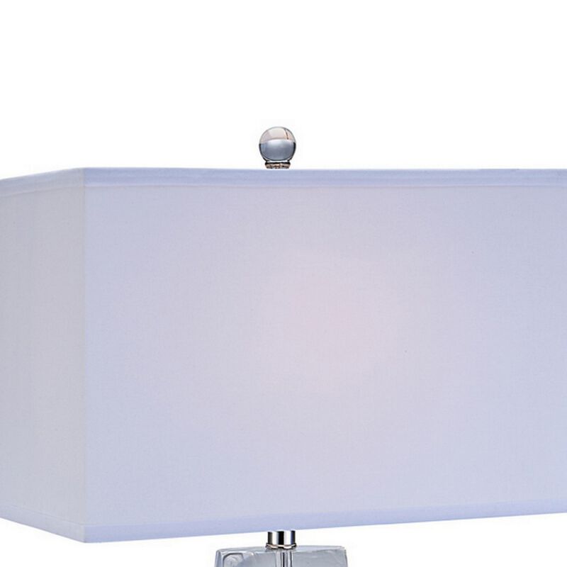 28 Inch Table Lamp, Crystal Stand, White Rectangular Shade, Metal, Clear -Benzara