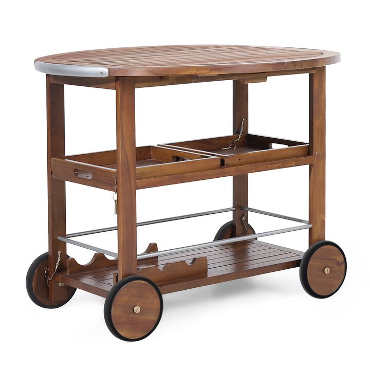 Rolling Bar Cart, 36 Inch Rectangular, 3 Tier, Oak Brown Wood, Silver - Benzara