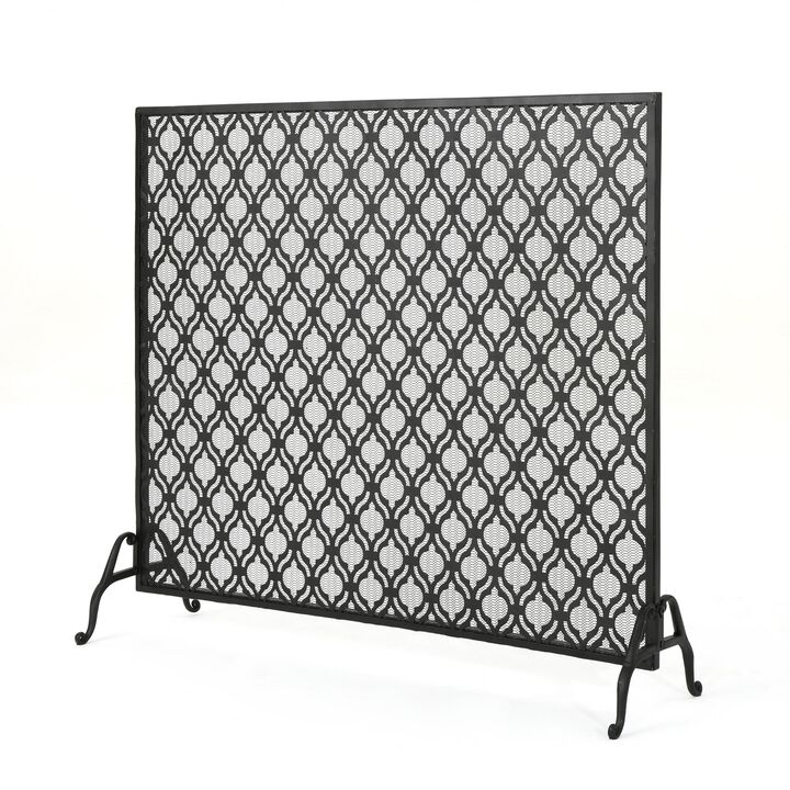 35x39 Fireplace Screen, Flower Design, Classic Matte Black Iron Finish -Benzara