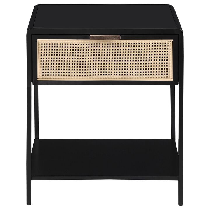 Lanie Bedside Table with Drawer and Open Shelf, PE Cane, Black Metal - Benzara