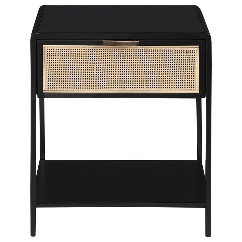 Lanie Bedside Table with Drawer and Open Shelf, PE Cane, Black Metal - Benzara