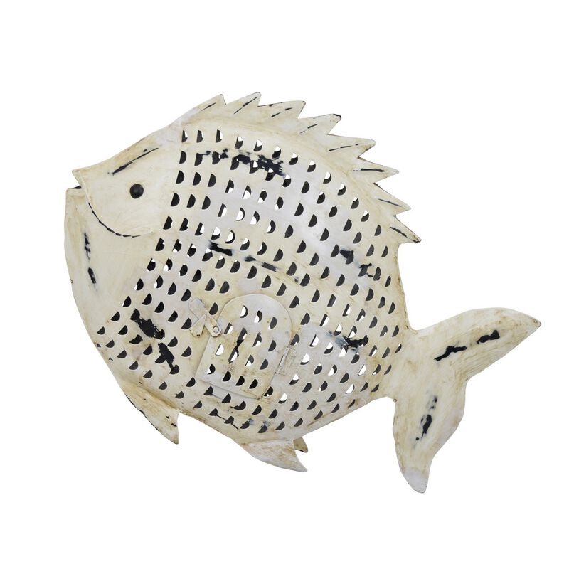 Painted Decorative Fish, Intricate Scale Details, White Metal, 26 Inch - Benzara