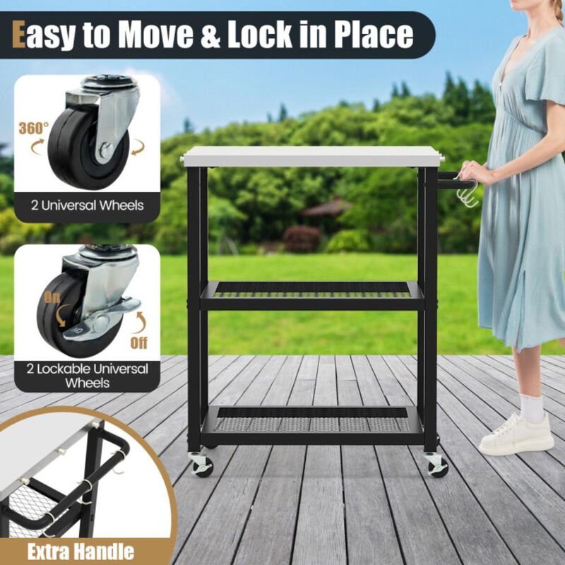 Hivvago 3-Tier Foldable Outdoor Stainless Steel Food Prepare Dining Cart Table on Wheels