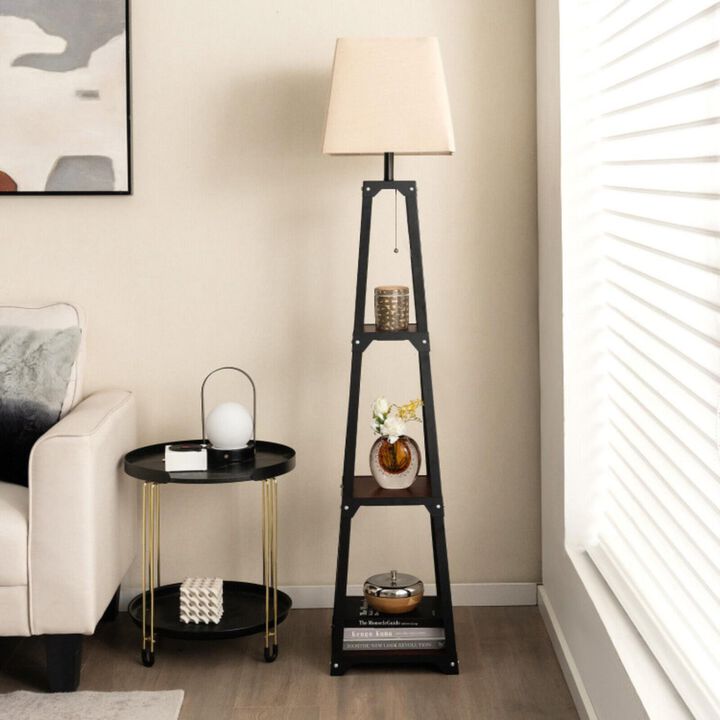 Hivvago Trapezoidal Designed Floor Lamp with 3 Tiered Storage Shelf-Brown