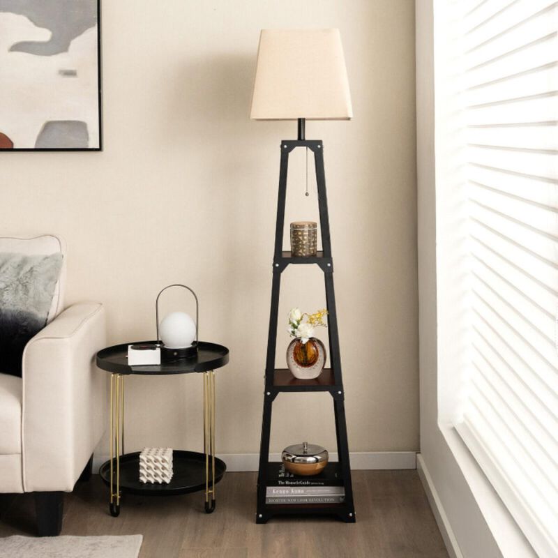 Hivvago Trapezoidal Designed Floor Lamp with 3 Tiered Storage Shelf-Brown