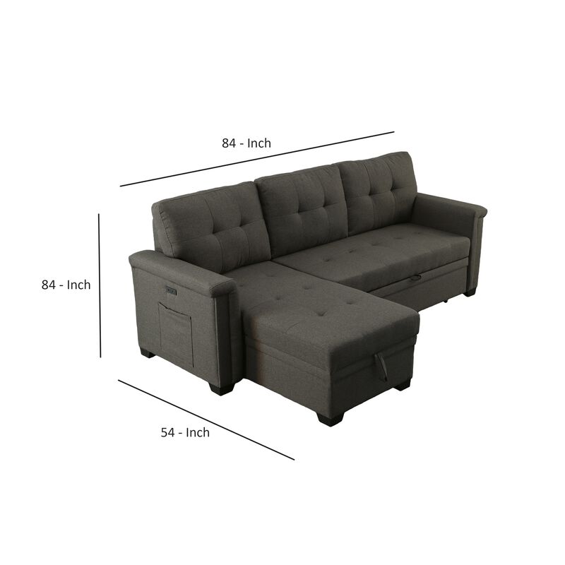 Ruben 84 Inch Reversible Sleeper Sectional Sofa, Storage Chaise, Dark Gray-Benzara
