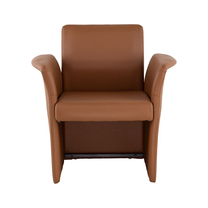32 Inch Accent Chair, Curved, Extended Back, Caramel Brown Faux Leather - Benzara