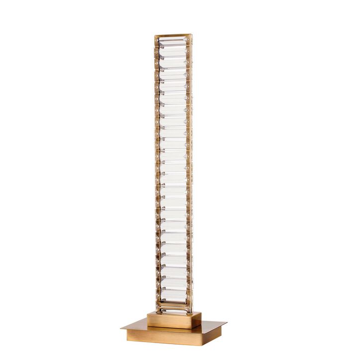 Lizy 24 Inch Tall, Thin Table Lamp, Crystal, LED Metal Frame, Antique Brass - Benzara