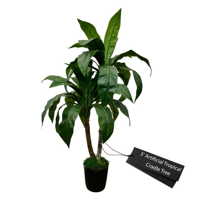 Handmade 3' Artificial Tropical Cradle Tree In Home Basics Plastic Pot Made with Real Wood and Moss Accents