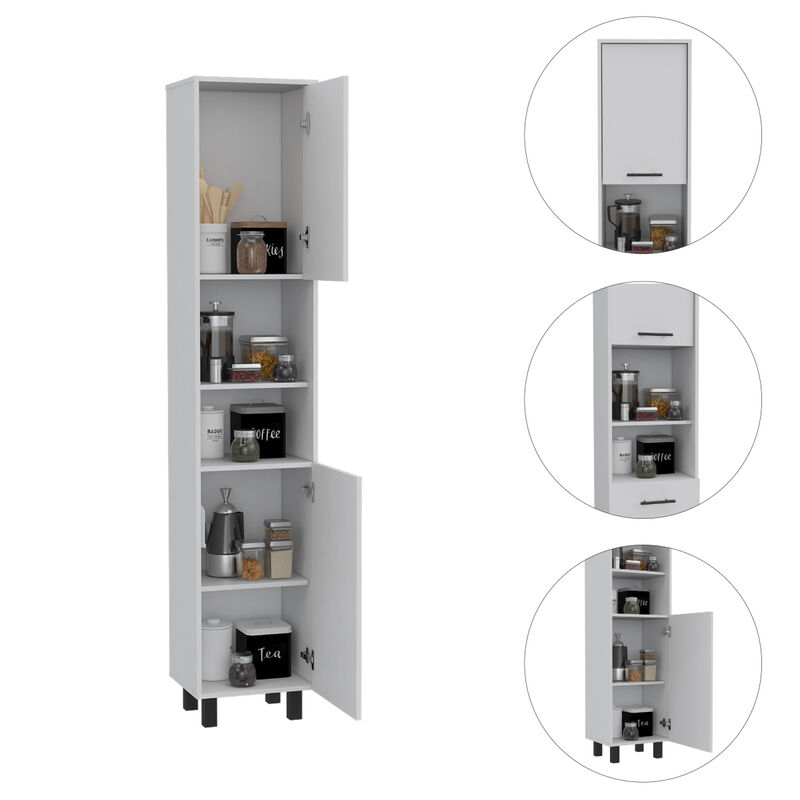 Hobart Pantry, Four Legs, Three Interior Shelves, Two Shelves, Two Cabinets - White