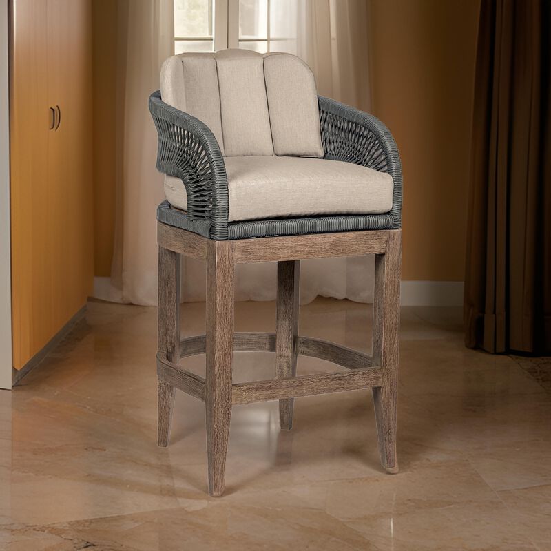 Kimi 26 Inch Outdoor Patio Counter Stool Chair, Olefin and Gray Woven Rope - Benzara