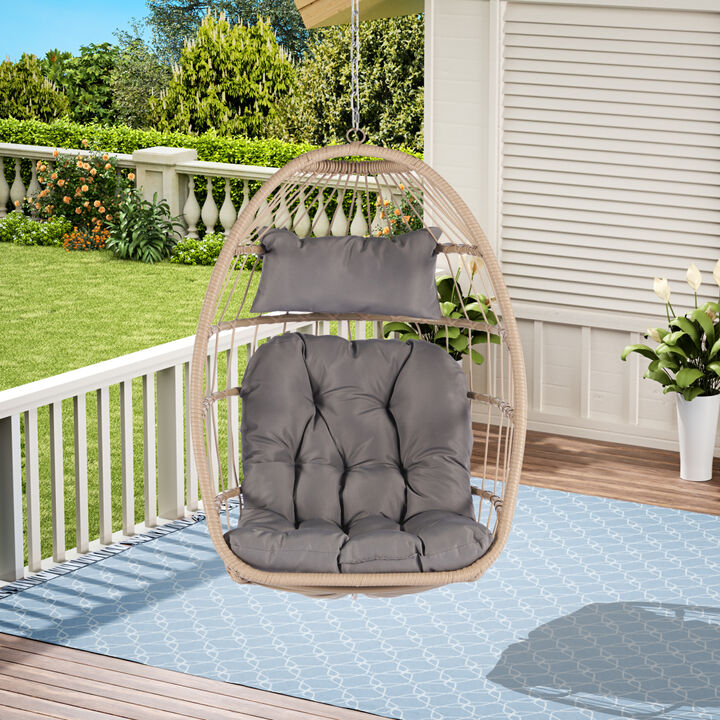 Outdoor Garden Rattan Egg Swing Chair Hanging Chair Wood &Light Gray