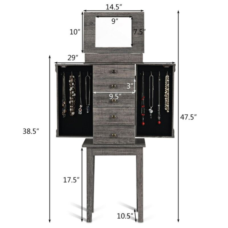 Hivvago Standing Jewelry Cabinet Storage Organizer with Wooden Legs-Gray