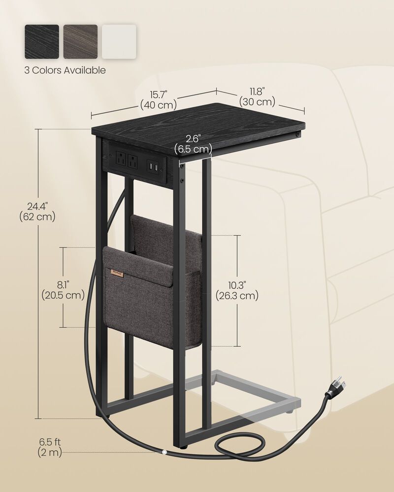 C-Shaped Side Table, End Table with Charging Station, 2 USB Ports and Outlets