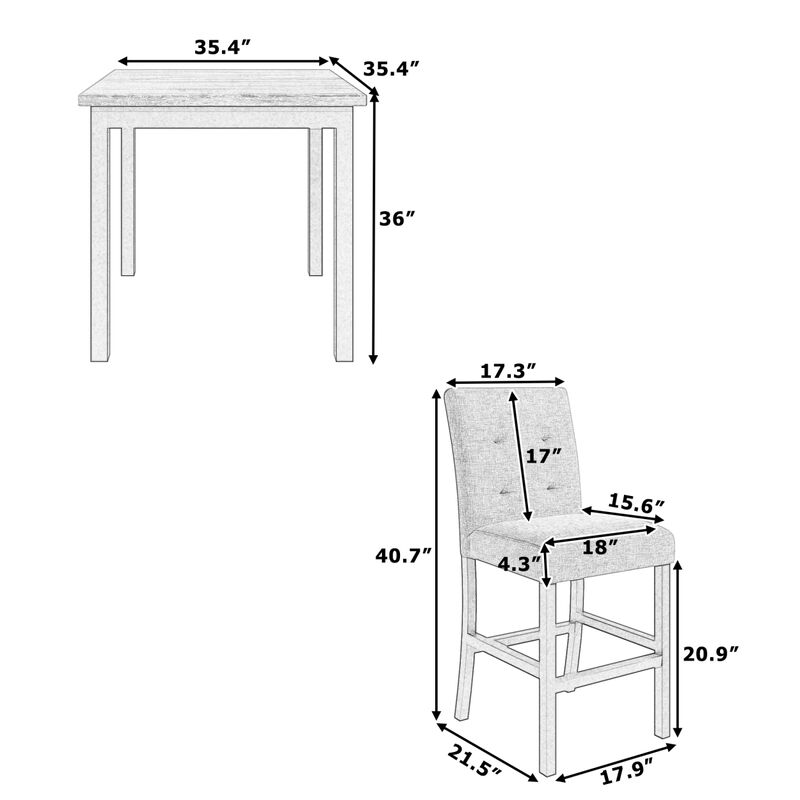 5-Piece Counter Height Dining Set Wood Square Dining Room Table And Chairs Stools with Footrest