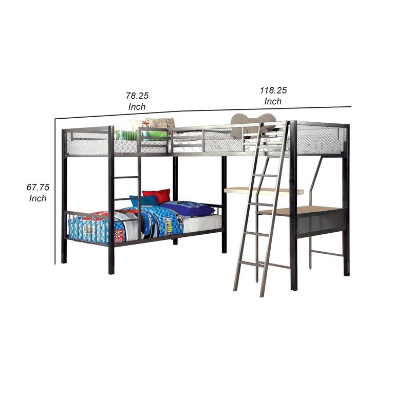 Benjara Triple Twin Size Bunk Beds with Desk and Ladders, Silver Metal Frame